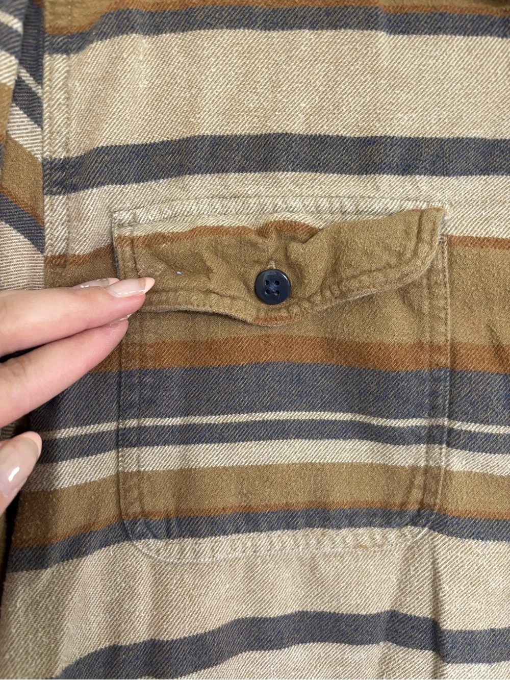 American Eagle Striped Button-Up Shirt in Tan and Brown